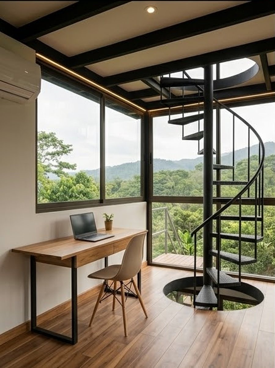 Studio with spiral staircase concept render