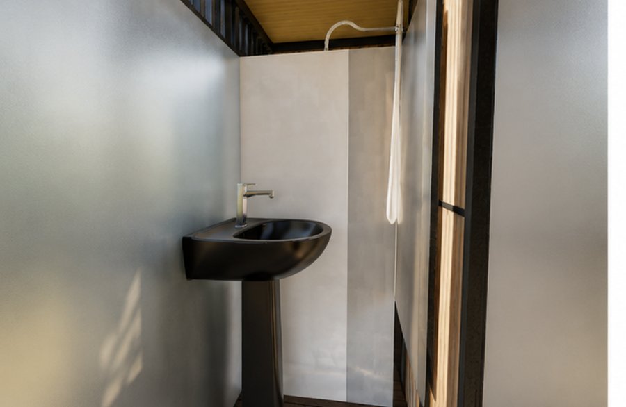 Compact bathroom with pedestal sink and shower