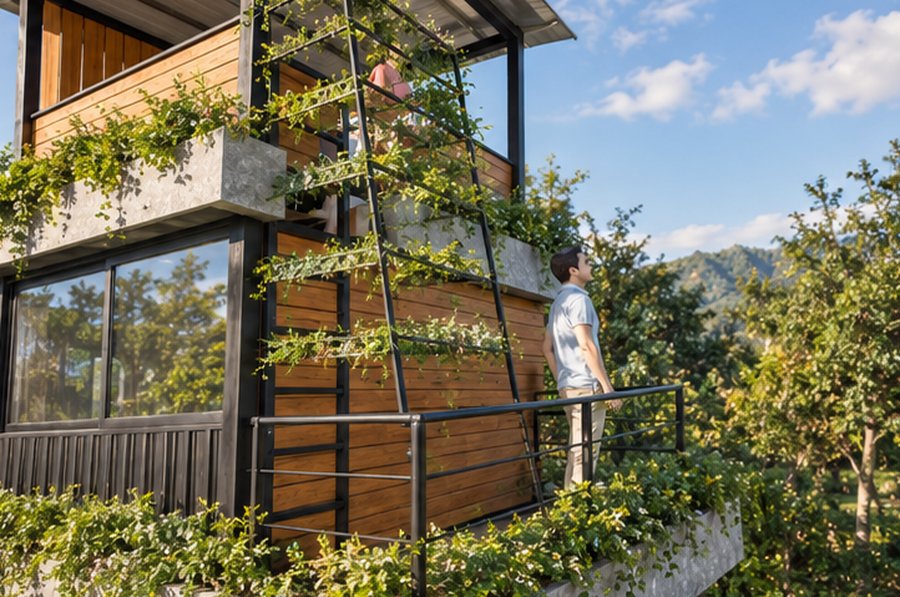 Golden hour exterior with green living wall