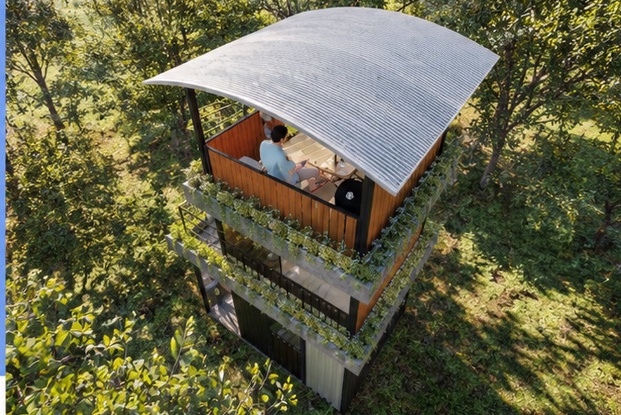 Elevated tiny house with green living wall, aerial view in tree canopy
