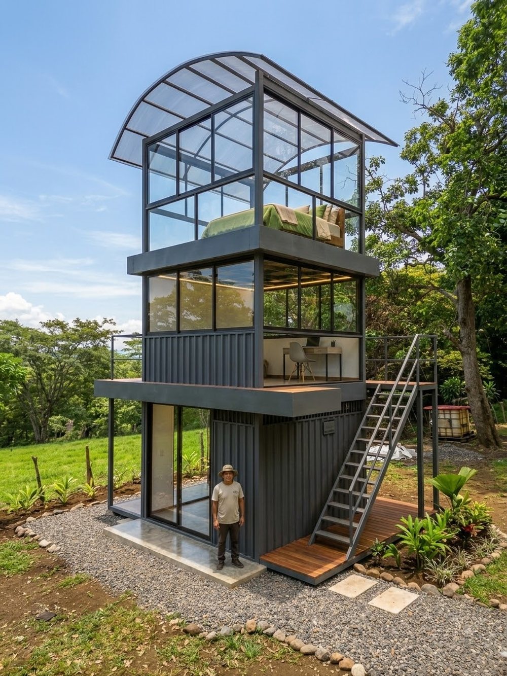 Casa Tina exterior next to a person, showing real scale